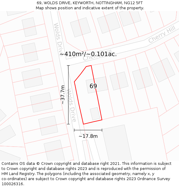 69, WOLDS DRIVE, KEYWORTH, NOTTINGHAM, NG12 5FT: Plot and title map