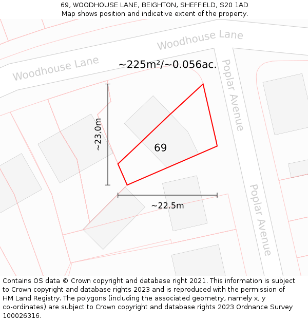 69, WOODHOUSE LANE, BEIGHTON, SHEFFIELD, S20 1AD: Plot and title map