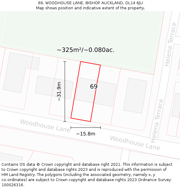 69, WOODHOUSE LANE, BISHOP AUCKLAND, DL14 6JU: Plot and title map