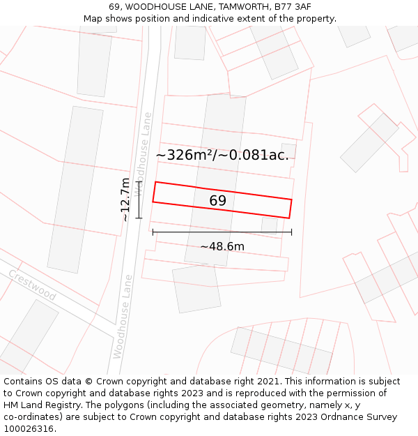 69, WOODHOUSE LANE, TAMWORTH, B77 3AF: Plot and title map