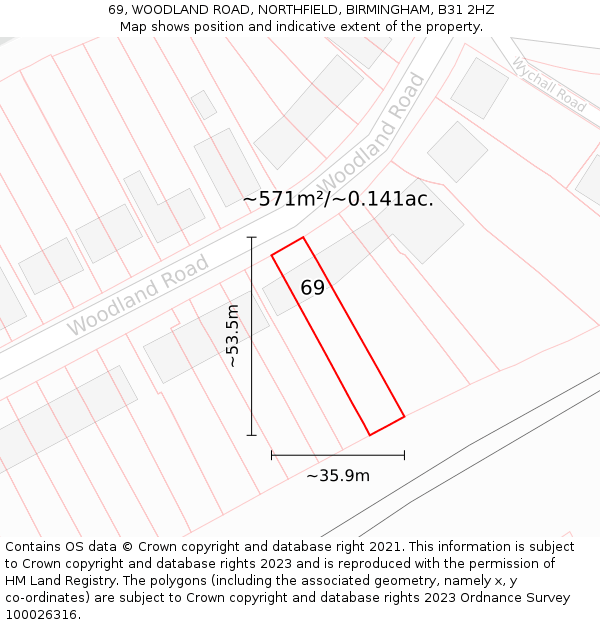 69, WOODLAND ROAD, NORTHFIELD, BIRMINGHAM, B31 2HZ: Plot and title map