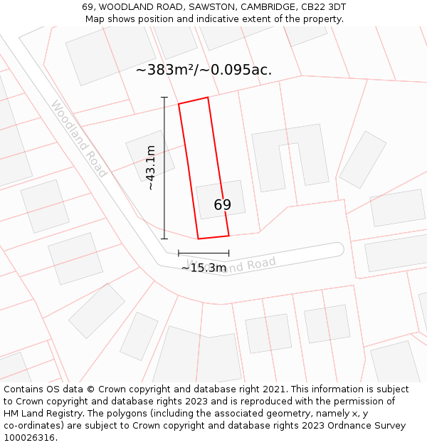 69, WOODLAND ROAD, SAWSTON, CAMBRIDGE, CB22 3DT: Plot and title map