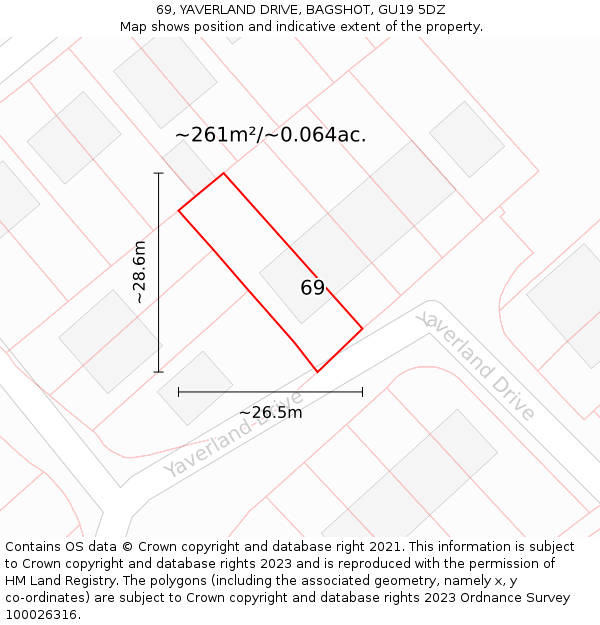 69, YAVERLAND DRIVE, BAGSHOT, GU19 5DZ: Plot and title map