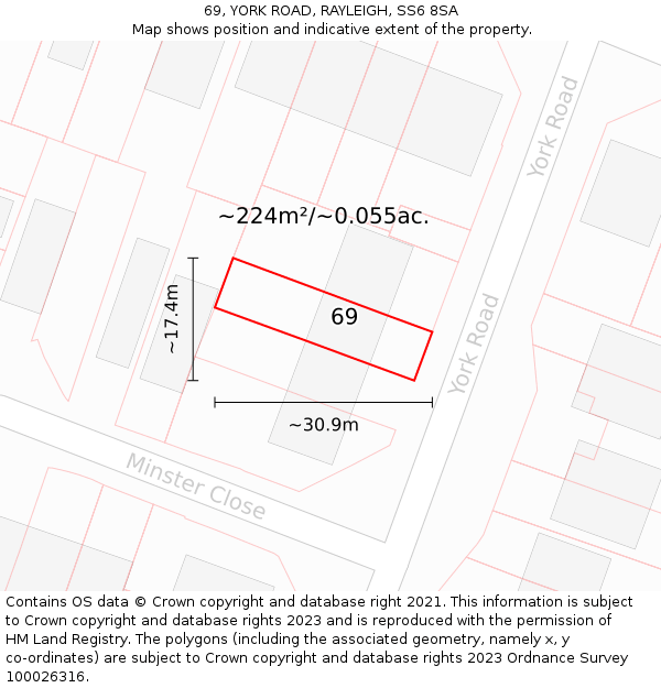 69, YORK ROAD, RAYLEIGH, SS6 8SA: Plot and title map