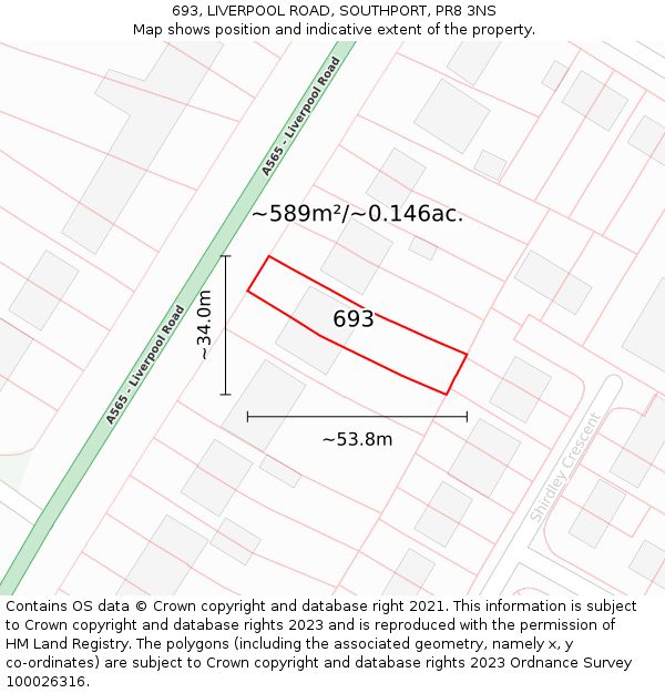 693, LIVERPOOL ROAD, SOUTHPORT, PR8 3NS: Plot and title map