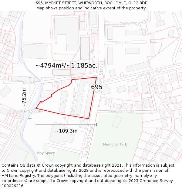 695, MARKET STREET, WHITWORTH, ROCHDALE, OL12 8DP: Plot and title map