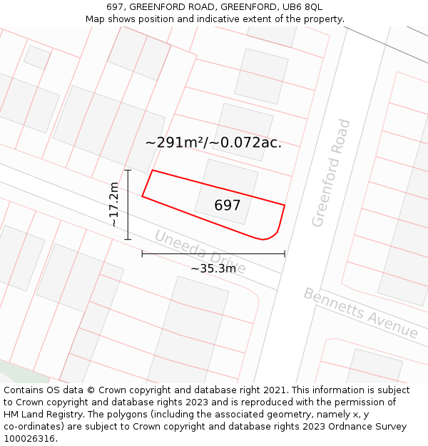 697, GREENFORD ROAD, GREENFORD, UB6 8QL: Plot and title map