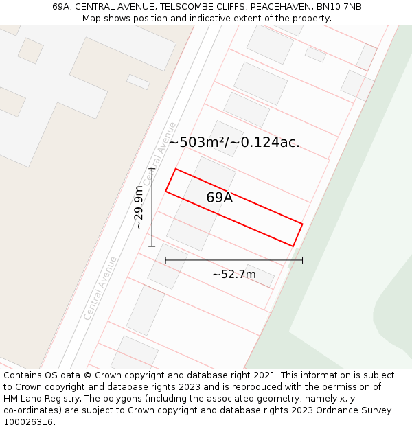 69A, CENTRAL AVENUE, TELSCOMBE CLIFFS, PEACEHAVEN, BN10 7NB: Plot and title map