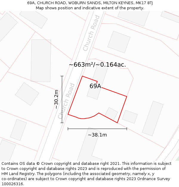 69A, CHURCH ROAD, WOBURN SANDS, MILTON KEYNES, MK17 8TJ: Plot and title map