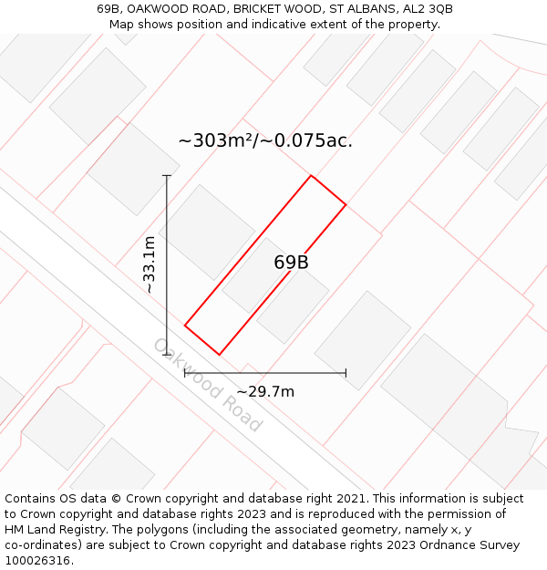 69B, OAKWOOD ROAD, BRICKET WOOD, ST ALBANS, AL2 3QB: Plot and title map