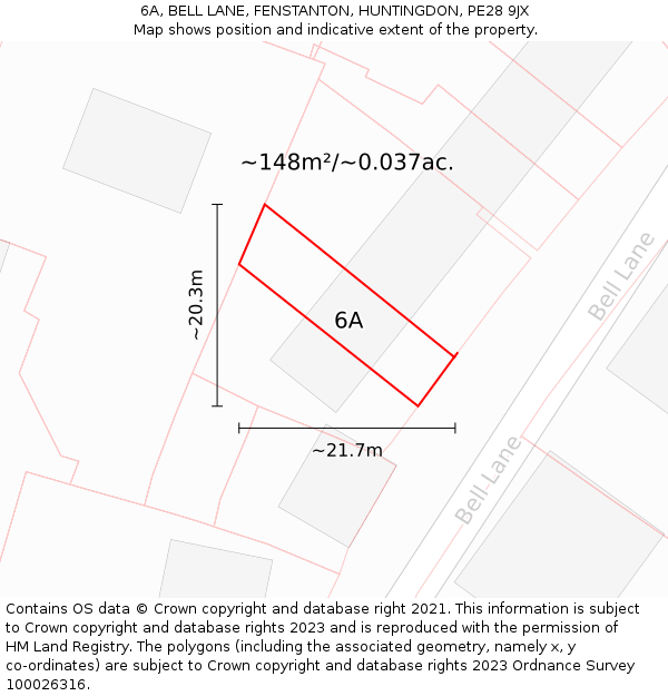 6A, BELL LANE, FENSTANTON, HUNTINGDON, PE28 9JX: Plot and title map