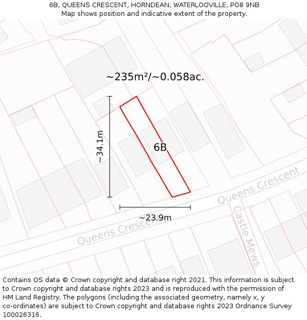 6B, QUEENS CRESCENT, HORNDEAN, WATERLOOVILLE, PO8 9NB: Plot and title map