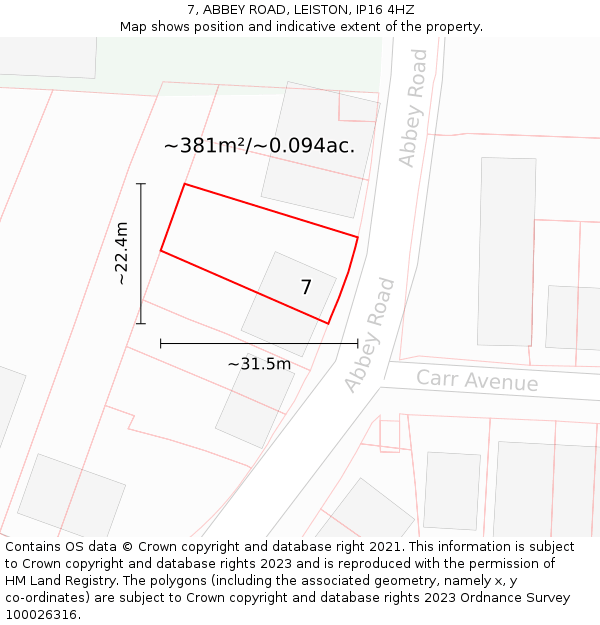 7, ABBEY ROAD, LEISTON, IP16 4HZ: Plot and title map