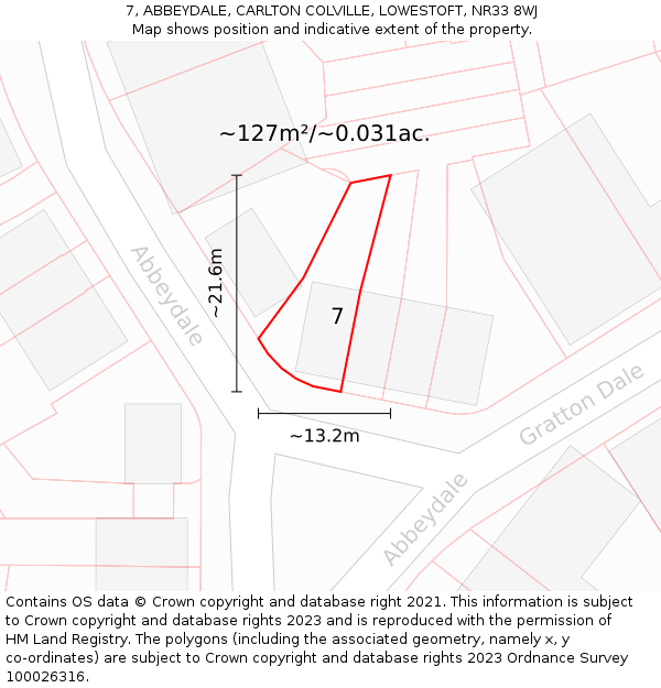 7, ABBEYDALE, CARLTON COLVILLE, LOWESTOFT, NR33 8WJ: Plot and title map