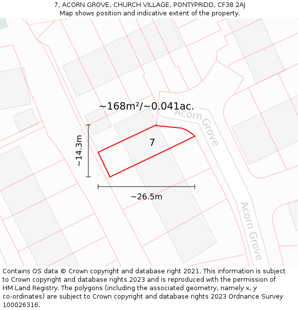 7, ACORN GROVE, CHURCH VILLAGE, PONTYPRIDD, CF38 2AJ: Plot and title map