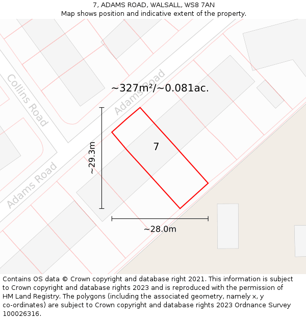 7, ADAMS ROAD, WALSALL, WS8 7AN: Plot and title map