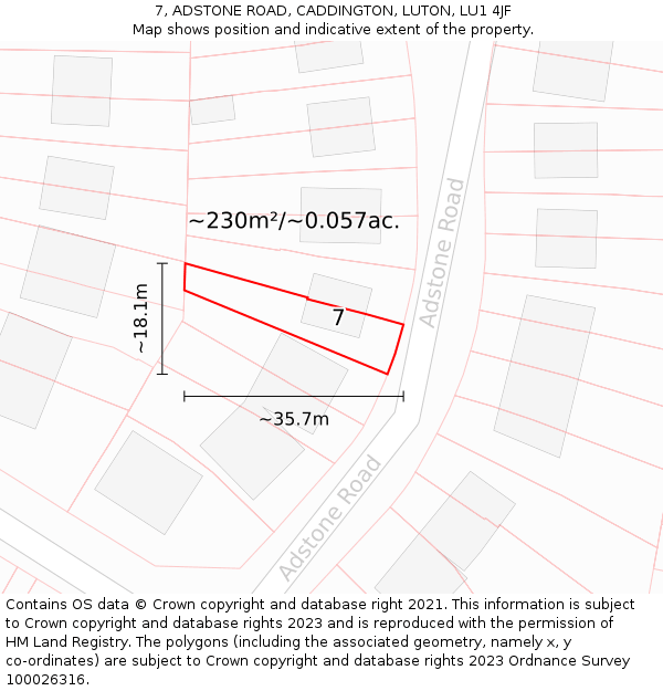 7, ADSTONE ROAD, CADDINGTON, LUTON, LU1 4JF: Plot and title map