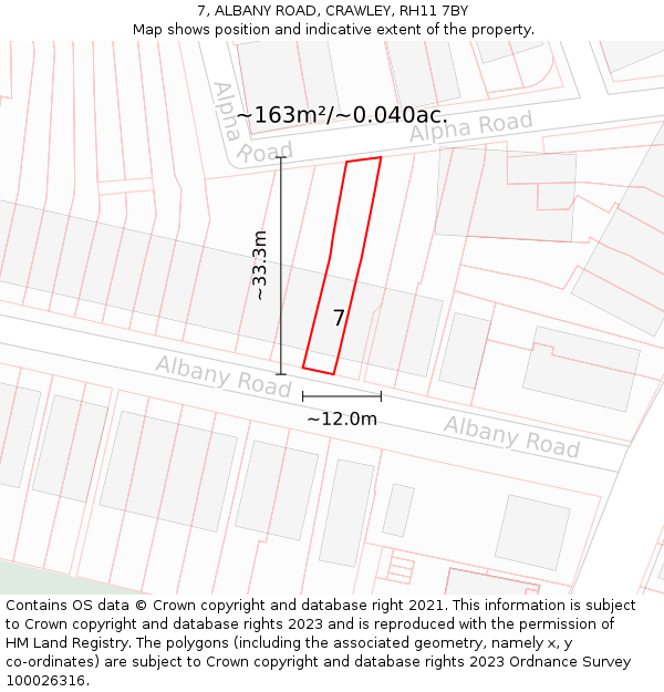 7, ALBANY ROAD, CRAWLEY, RH11 7BY: Plot and title map