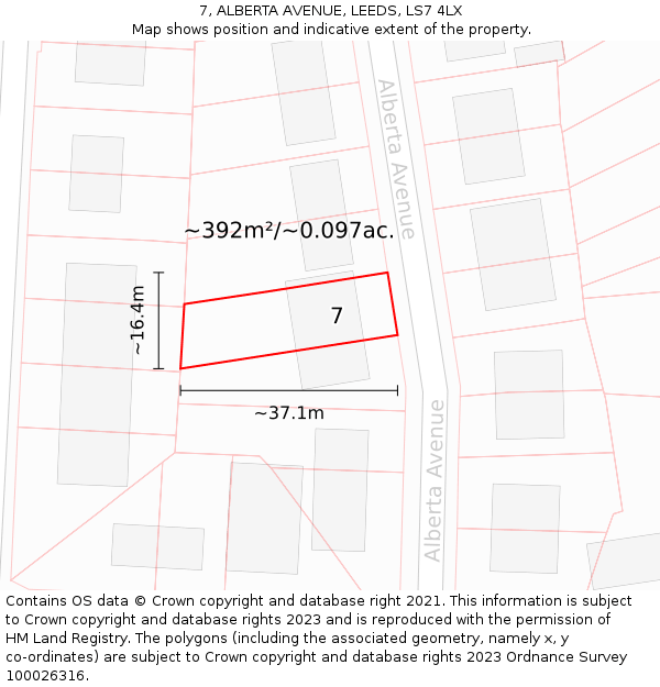 7, ALBERTA AVENUE, LEEDS, LS7 4LX: Plot and title map