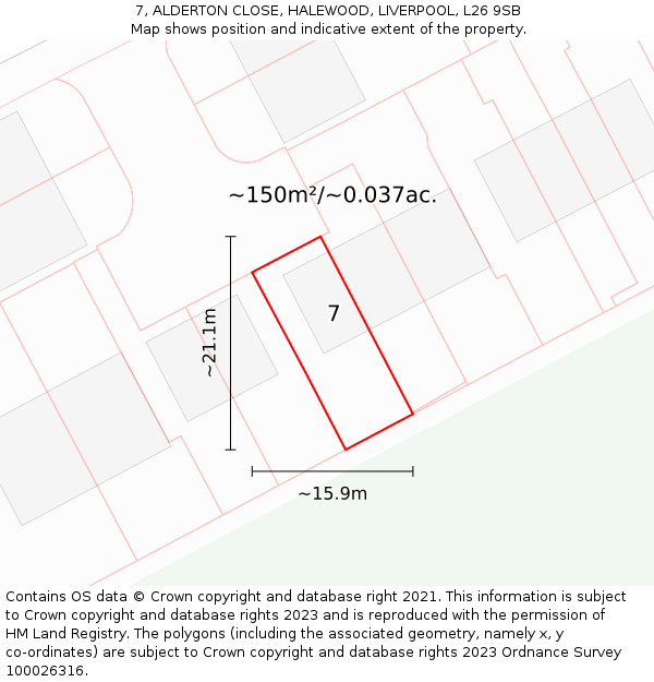 7, ALDERTON CLOSE, HALEWOOD, LIVERPOOL, L26 9SB: Plot and title map