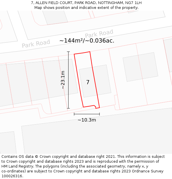 7, ALLEN FIELD COURT, PARK ROAD, NOTTINGHAM, NG7 1LH: Plot and title map