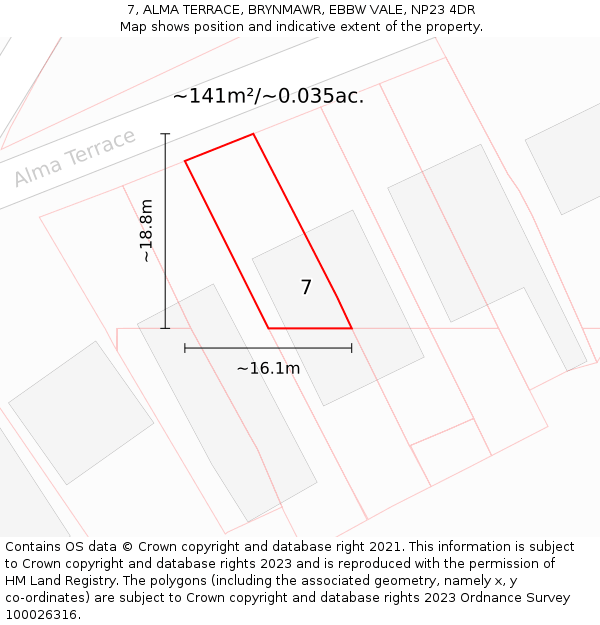 7, ALMA TERRACE, BRYNMAWR, EBBW VALE, NP23 4DR: Plot and title map