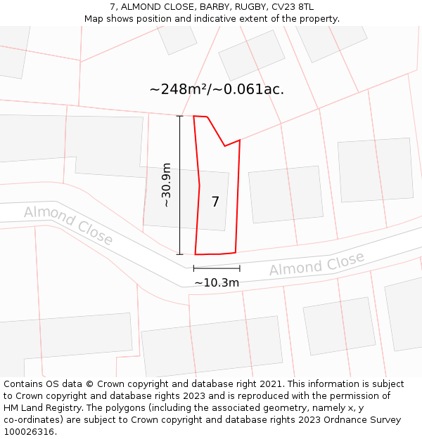 7, ALMOND CLOSE, BARBY, RUGBY, CV23 8TL: Plot and title map