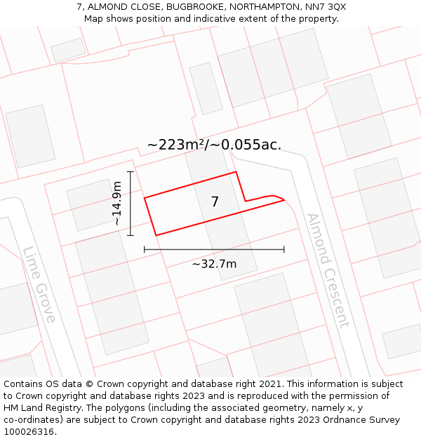 7, ALMOND CLOSE, BUGBROOKE, NORTHAMPTON, NN7 3QX: Plot and title map
