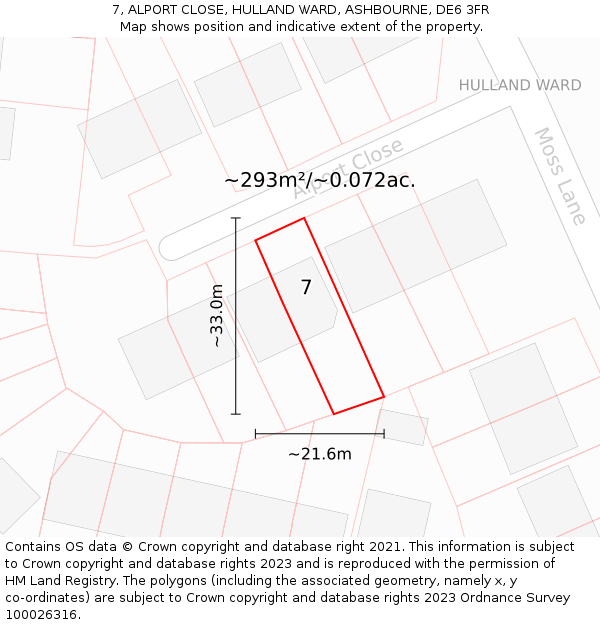 7, ALPORT CLOSE, HULLAND WARD, ASHBOURNE, DE6 3FR: Plot and title map