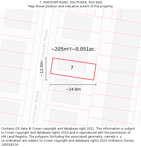 7, ANDOVER ROAD, SOUTHSEA, PO4 9QG: Plot and title map