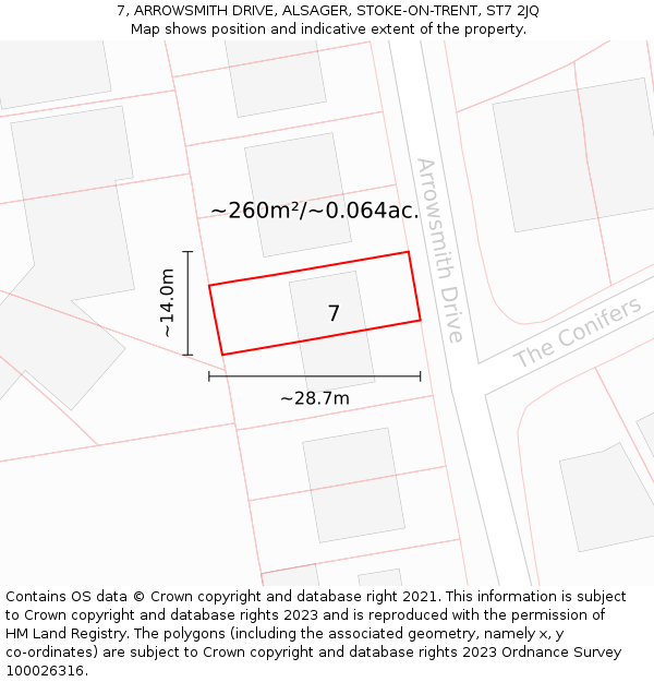 7, ARROWSMITH DRIVE, ALSAGER, STOKE-ON-TRENT, ST7 2JQ: Plot and title map