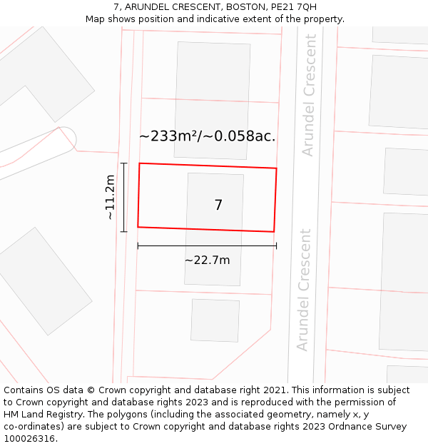 7, ARUNDEL CRESCENT, BOSTON, PE21 7QH: Plot and title map