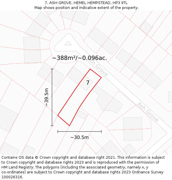 7, ASH GROVE, HEMEL HEMPSTEAD, HP3 9TL: Plot and title map