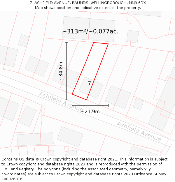 7, ASHFIELD AVENUE, RAUNDS, WELLINGBOROUGH, NN9 6DX: Plot and title map