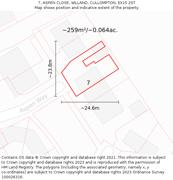 7, ASPEN CLOSE, WILLAND, CULLOMPTON, EX15 2ST: Plot and title map