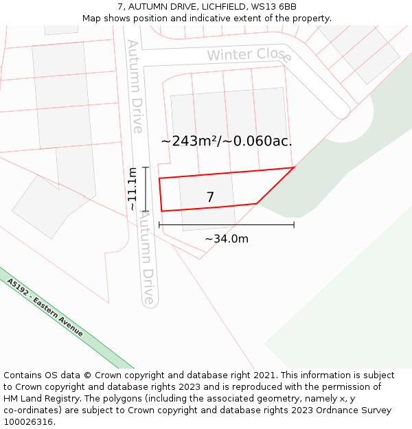 7, AUTUMN DRIVE, LICHFIELD, WS13 6BB: Plot and title map