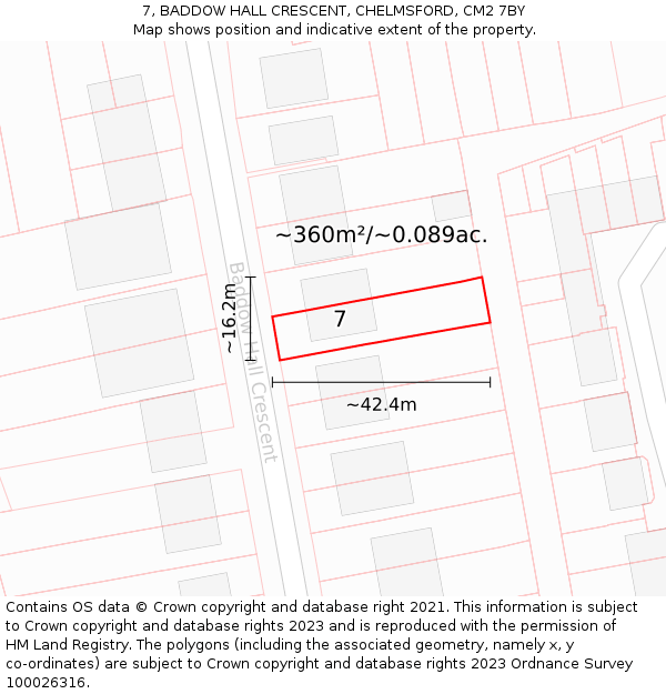 7, BADDOW HALL CRESCENT, CHELMSFORD, CM2 7BY: Plot and title map