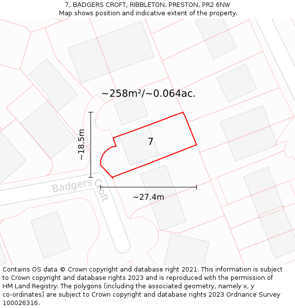 7, BADGERS CROFT, RIBBLETON, PRESTON, PR2 6NW: Plot and title map