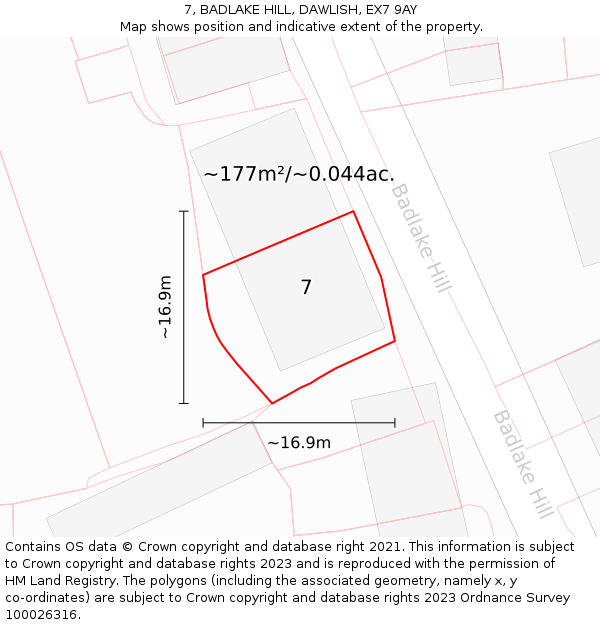 7, BADLAKE HILL, DAWLISH, EX7 9AY: Plot and title map