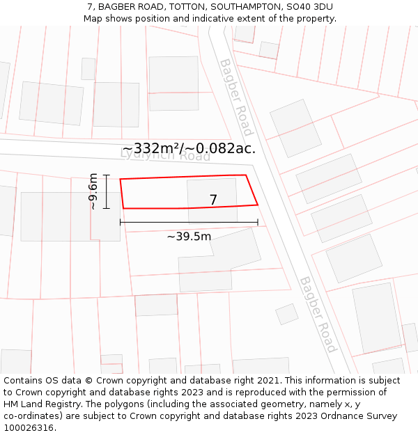 7, BAGBER ROAD, TOTTON, SOUTHAMPTON, SO40 3DU: Plot and title map