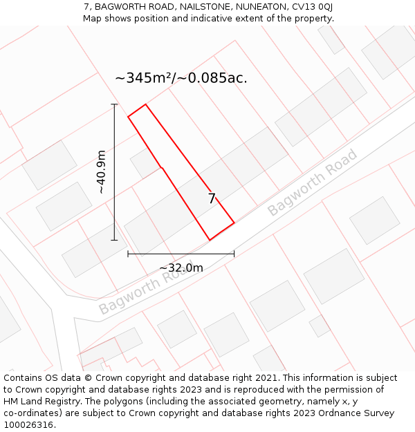 7, BAGWORTH ROAD, NAILSTONE, NUNEATON, CV13 0QJ: Plot and title map