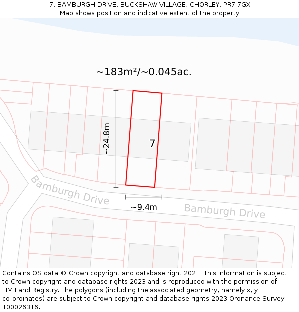 7, BAMBURGH DRIVE, BUCKSHAW VILLAGE, CHORLEY, PR7 7GX: Plot and title map