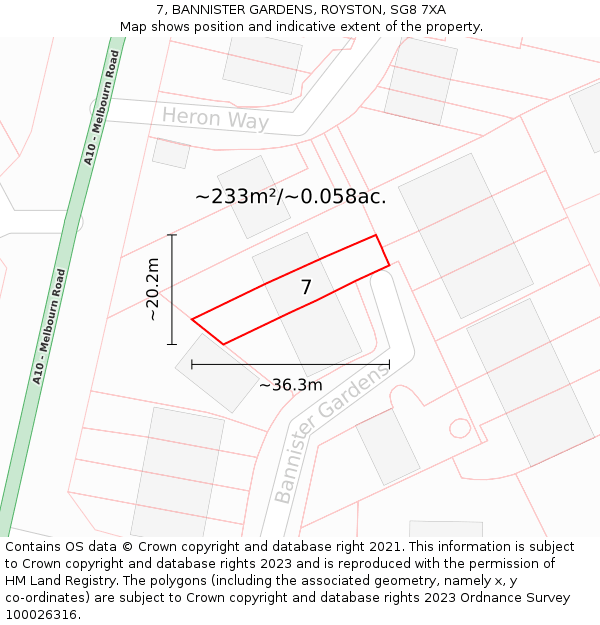 7, BANNISTER GARDENS, ROYSTON, SG8 7XA: Plot and title map