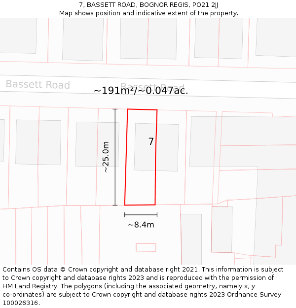 7, BASSETT ROAD, BOGNOR REGIS, PO21 2JJ: Plot and title map