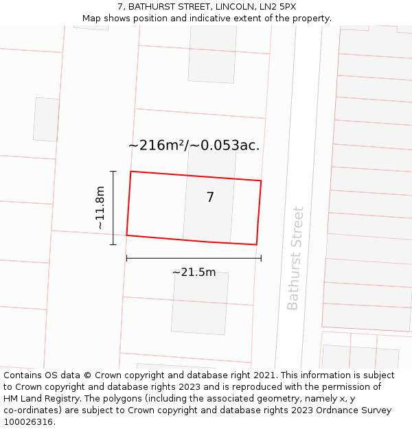 7, BATHURST STREET, LINCOLN, LN2 5PX: Plot and title map