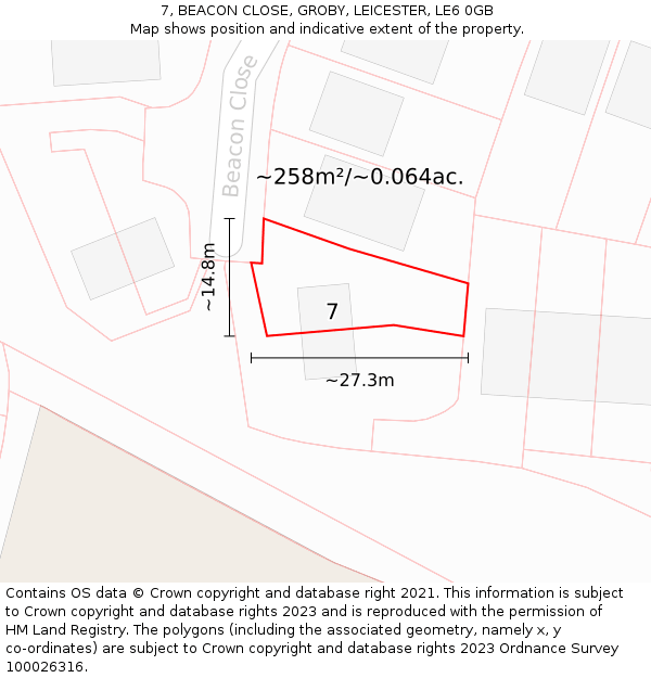 7, BEACON CLOSE, GROBY, LEICESTER, LE6 0GB: Plot and title map