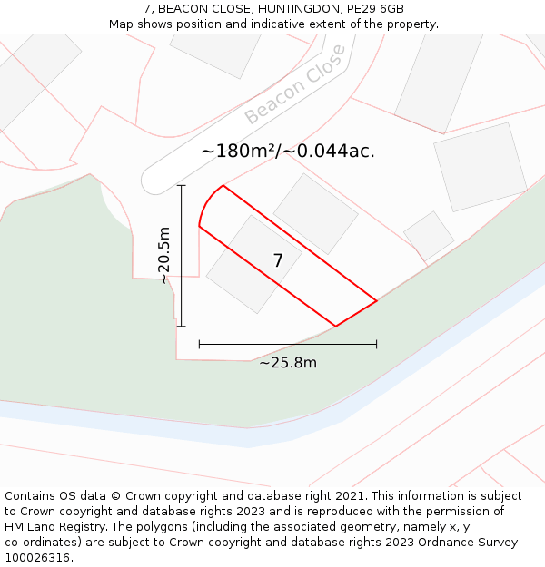 7, BEACON CLOSE, HUNTINGDON, PE29 6GB: Plot and title map