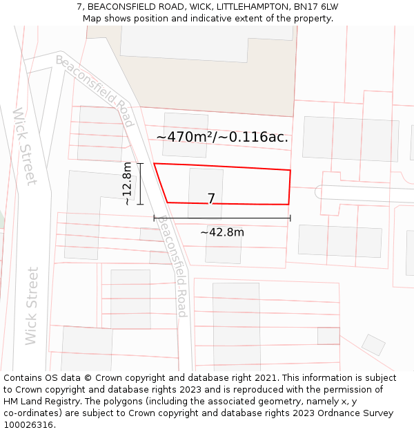 7, BEACONSFIELD ROAD, WICK, LITTLEHAMPTON, BN17 6LW: Plot and title map