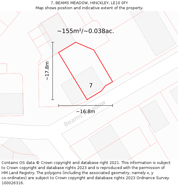 7, BEAMS MEADOW, HINCKLEY, LE10 0FY: Plot and title map