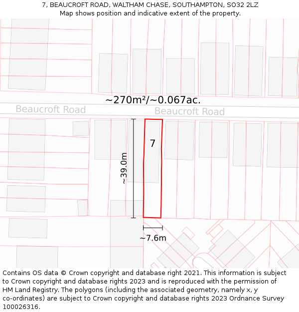 7, BEAUCROFT ROAD, WALTHAM CHASE, SOUTHAMPTON, SO32 2LZ: Plot and title map